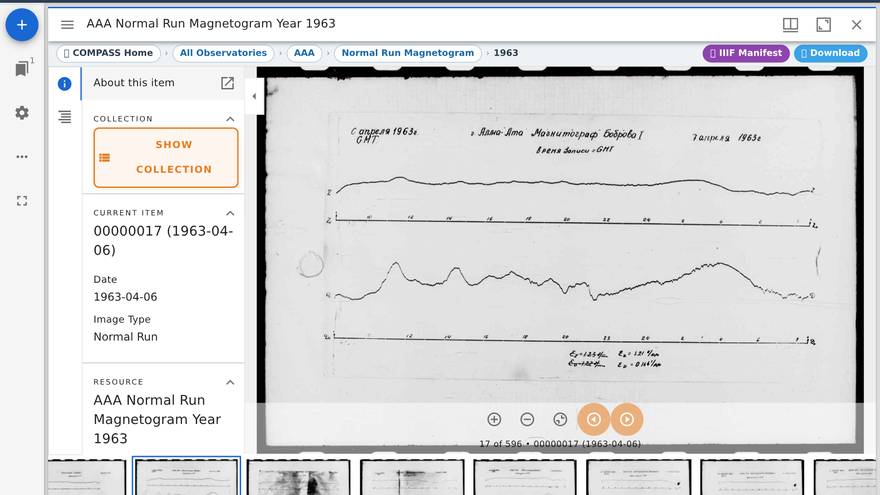 IIIF ビューワーでマグネトグラムを表示した画面